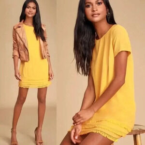 Lulus Buenos Aires Short Sleeve Mini Dress Shift Crochet Trim Golden Yellow Sz M